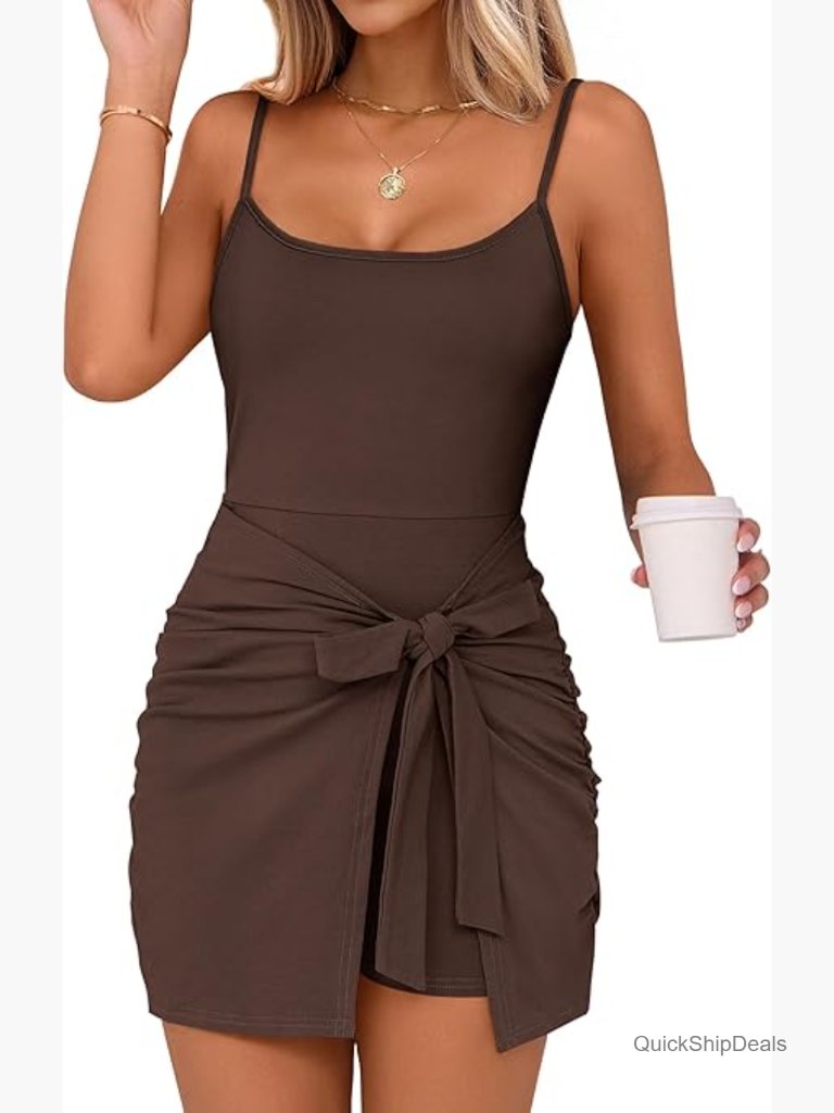 Spaghetti Strap Tie Waist Bodycon Dress With Built-In Shorts
